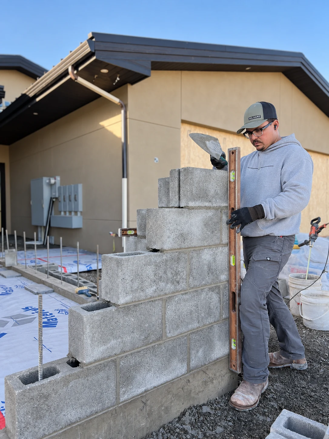 Alano Masonry craftsman using a level on a block wall, photograph enhanced for clarity